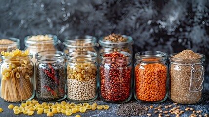 Vegan sources of protein and energy. Food stored in glass jars, emphasizing eco-friendly shopping, set against a dark background.