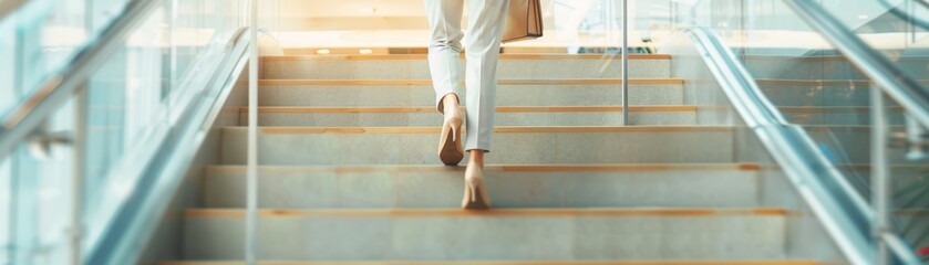 Obraz premium Stylish Female Entrepreneur with Tablet and Handbag Descending Stairs in Chic Cafe