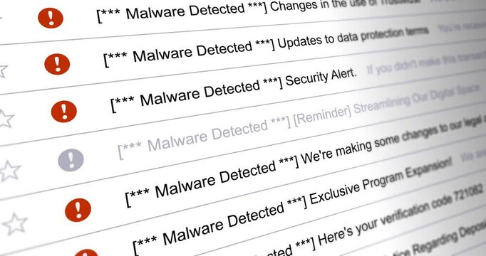 Scrolling list of malware detected emails, row of emails infected with virus, seamless loop footage close up 