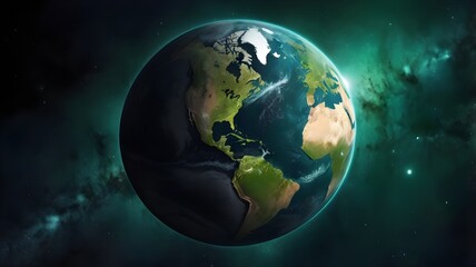 Fototapeta premium Realistic rendering of Earth from space with glowing green nebula in background.