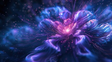 A flower with purple petals is floating in the sky