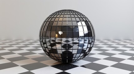 Mirrored disco ball on a black and white checkerboard floor, creating a vintage and reflective aesthetic in a minimalist setting.