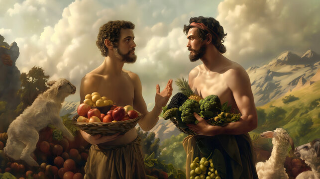 Cain and Abel, biblical figures who brought offerings to God, with God favoring Abel's gifts more than Cain's. This led Cain to harbor hatred toward Abel. This is a historical event.