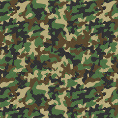 Camouflage pattern for fabric print, textile and backgrounds. Trendy style camo, seamless repeat print. Vector illustration. Khaki texture, military army green hunting