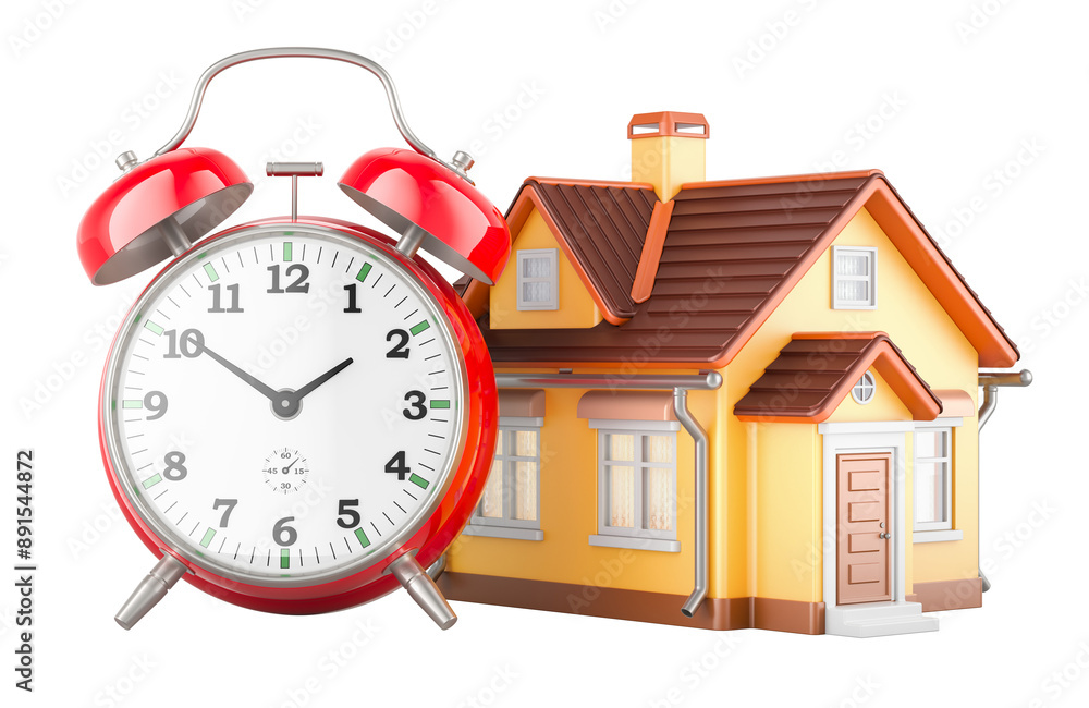Poster home with alarm clock, 3d rendering isolated on transparent background