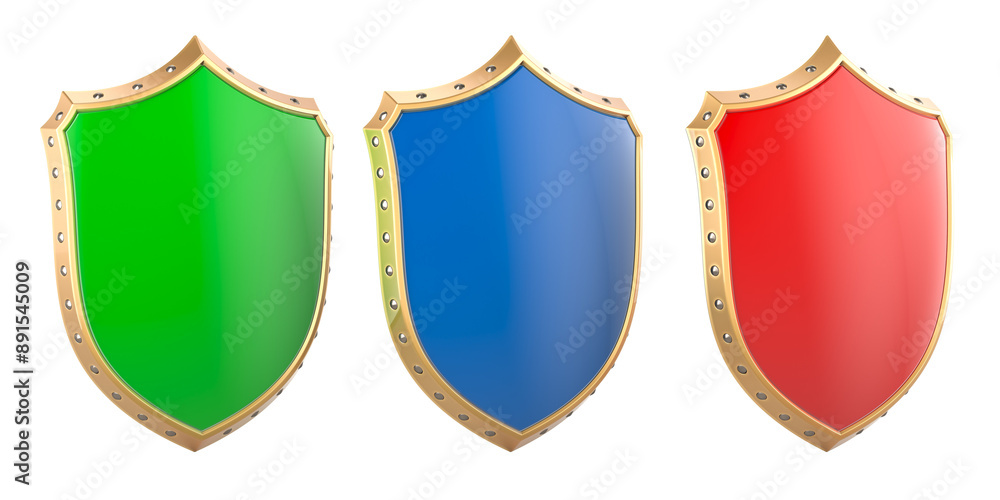 Poster shields. green, blue and red colors. 3d rendering isolated on transparent background