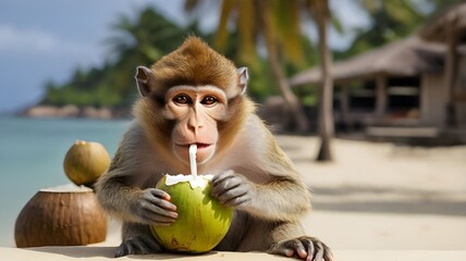 monkey drinking coconut on the beach