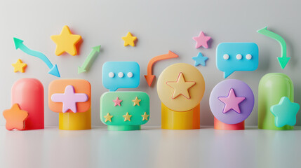 A clean and modern illustration of a review loop, speech bubbles with star ratings, pastel color scheme