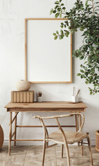 Minimalist Desk with Blank Frame and Plants