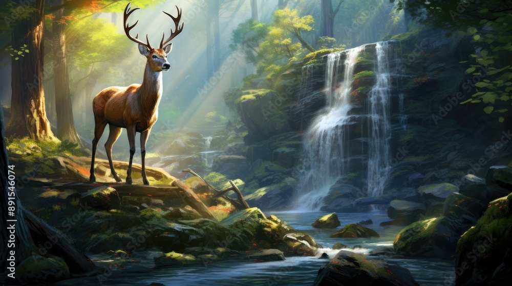 Wall mural A deer by the waterfall