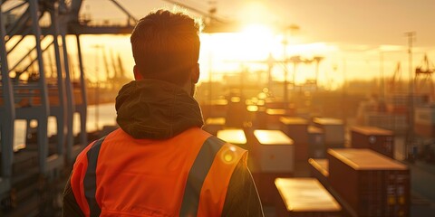 Port Worker Overseeing Cargo Operations at Sunset