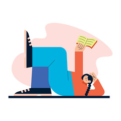 Cartoon flat character lying on a floor and holding a book. Banner design.