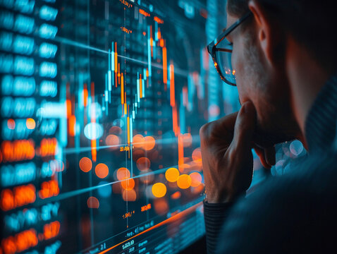 Businessman Analyzing Stock Market Data at Night