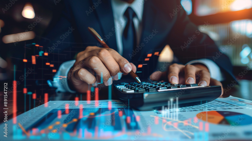 Poster a businessman using a calculator to calculate financial figures and analyze growth in the stock mark