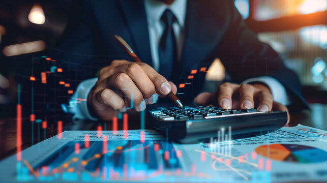 A businessman using a calculator to calculate financial figures and analyze growth in the stock market, digital markets, business strategy, banking, finance, and business investing in the global