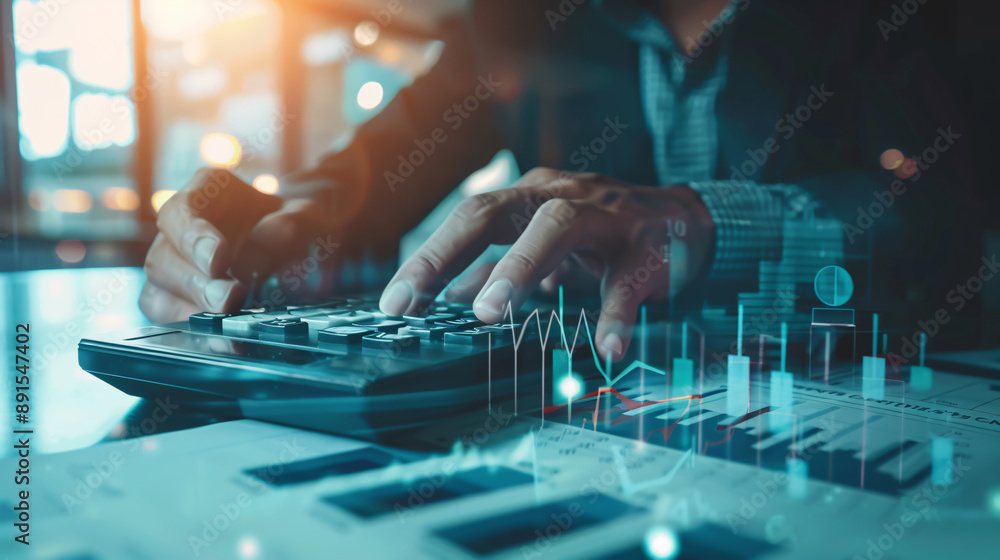 Poster a businessman using a calculator to calculate financial figures and analyze growth in the stock mark