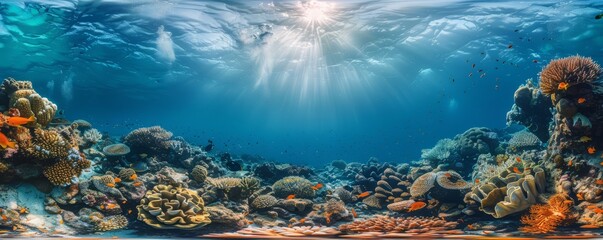 A panoramic view of a vibrant coral reef underwater.