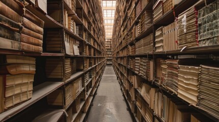 A view down a long aisle of a vintage library archive, with high shelves filled with leather-bound books and documents