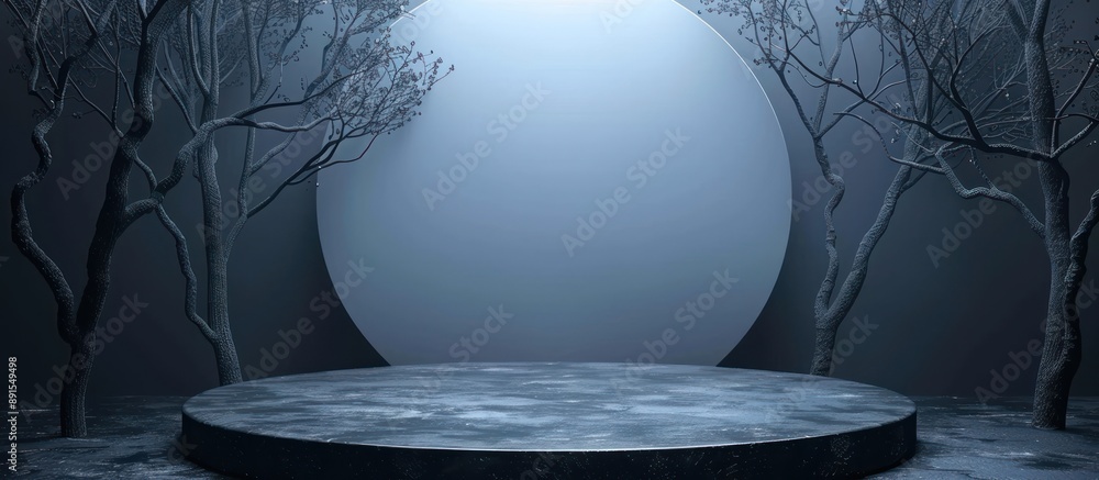 Poster dark minimalist product display with circular platform and trees