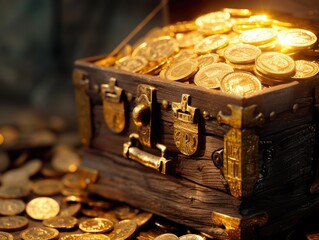 The chest is filled to the top with golden coins. Money and life. AI generative.