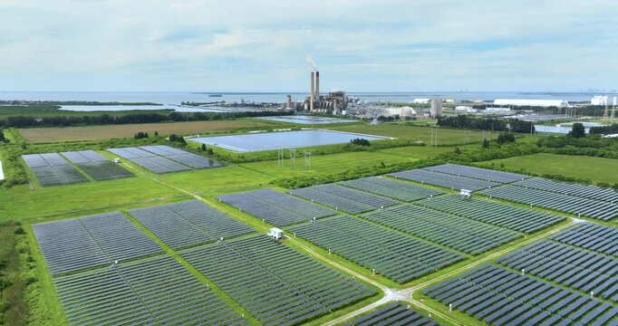 Transition from fossil to sustainable fuel for electrical energy production. Solar photovoltaic panels at Big Bend Power Station in Apollo Beach near Tampa, Florida