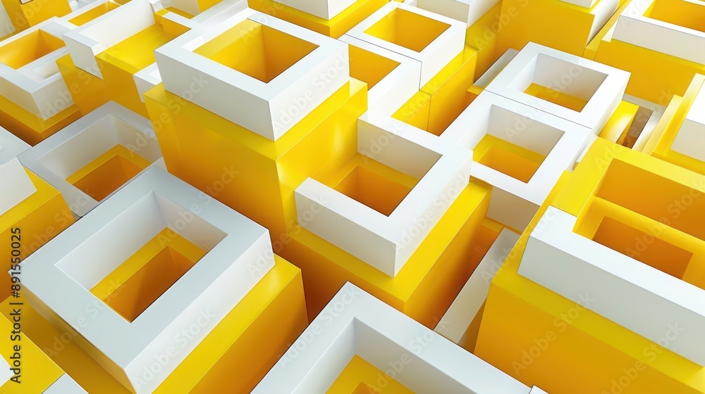 Poster bright yellow and white 3d tessellations with repeating square shapes, creating a captivating geomet