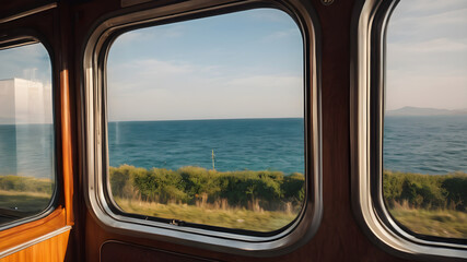 Naklejka premium A sea view from a train window with a beautiful sea view, the feeling of moving in the picture. Generative AI