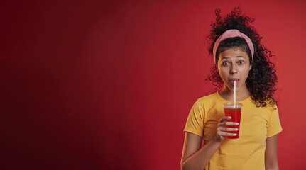 An Indian woman with curly hair in a headband drinking soda with a straw on a red background, enjoying a fizzy drink, refreshing beverage, casual moment
