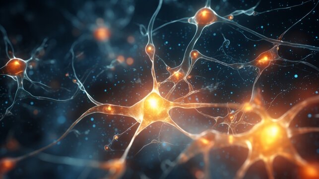 Activating neural network. Abstract microbiology banner illustrating concept of active neural connections in neurons cells
