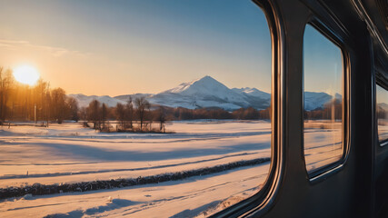 A winter view from a train window with a beautiful winter view, the feeling of moving in the picture