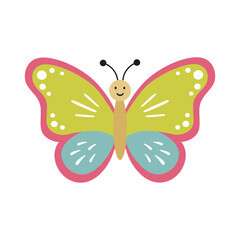 Cute butterfly kids cartoon character. Vector illustration isolated on white background. Color insect clipart. Baby shower design elements. Party invitation, birthday celebration. Spring, summer decor