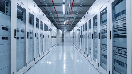 A brightly lit digital archive space, with clean lines and organized digital storage units