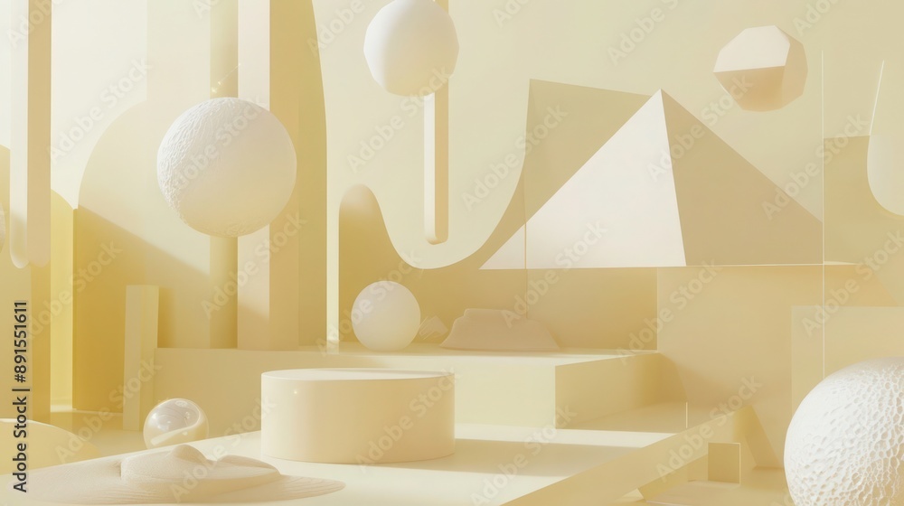 Poster enchanting 3d dreamscape with floating geometric shapes and warped perspectives in pale yellow and c