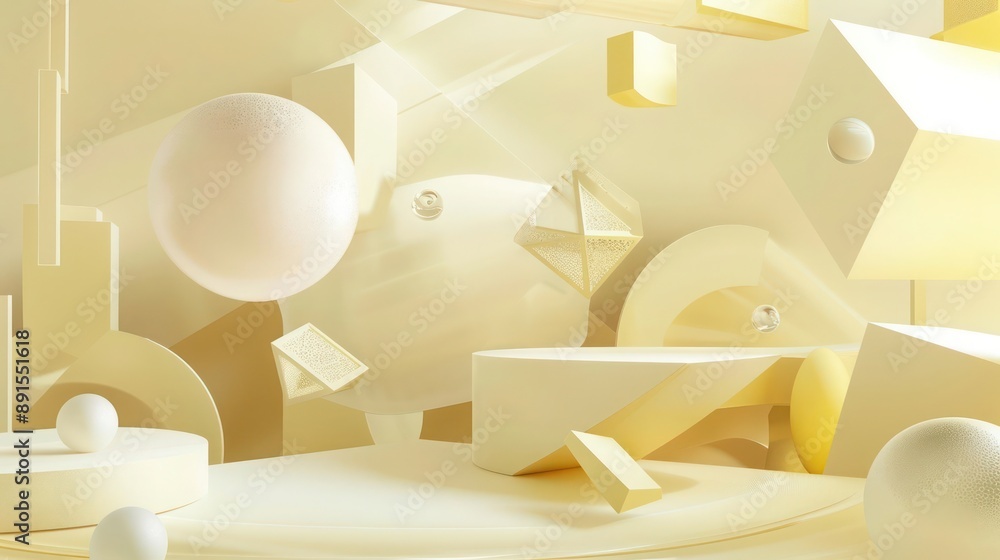 Poster enchanting 3d dreamscape with floating geometric shapes and warped perspectives in pale yellow and c