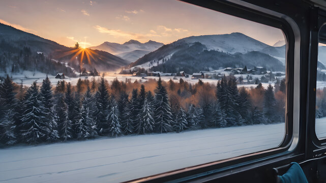 A winter view from a train window with a beautiful winter view, the feeling of moving in the picture. Generative AI