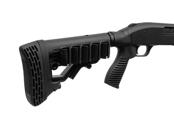 Pump-action 12 gauge shotgun isolated on a white background. Additional handle. A smooth-bore weapon with a plastc stock.