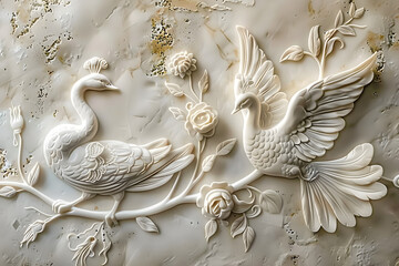 A stucco relief featuring a swan, a peacock, or other graceful bird motifs
