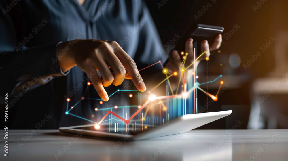 Poster a businessman using a tablet to analyze sales data and economic growth graphs, integrating technolog