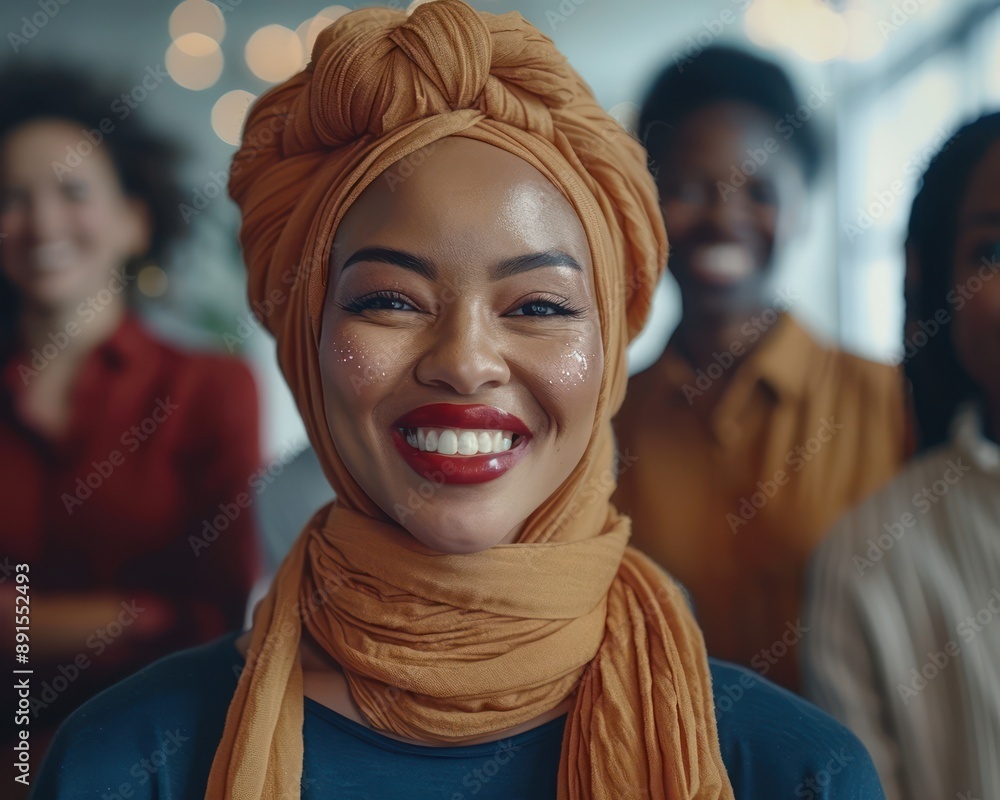 Poster diverse group of people smiling and connecting, embracing unity and confidence in a modern workplace