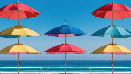 A row of colorful umbrellas on a beach with the ocean in view, AI