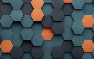 Abstract geometric background with 3D hexagonal pattern in dark blue and orange colors. Modern, stylish, and versatile design.