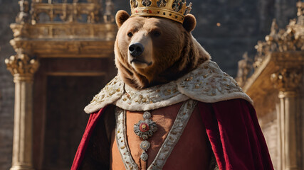 Naklejka premium Noble bear wearing a king's outfit and a crown. Generative AI
