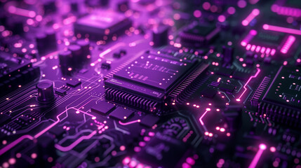 Obraz premium Abstract futuristic background in dark colors. Purple abstract microcircuits and processors. AI generative