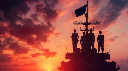 Silhouetted sailors stand on a naval ship's deck at sunset, with a dramatic sky painted in warm hues behind them.