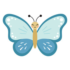 Cute butterfly kids cartoon character. Vector illustration isolated on white background. Color insect clipart. Baby shower design elements. Party invitation, birthday celebration. Spring, summer decor