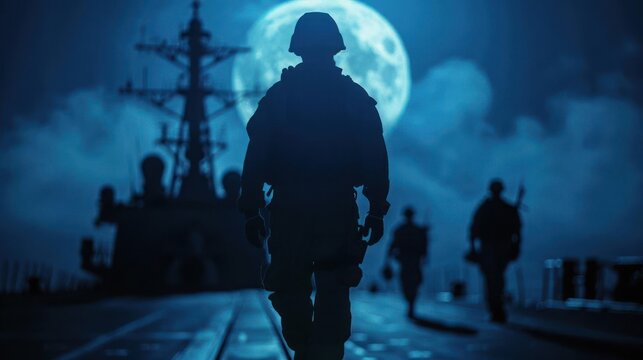 Silhouetted soldiers on a naval ship under a full moon, highlighting military readiness and night operations.