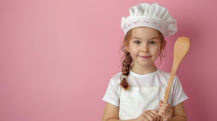 A young girl wearing a chef's hat and apron is holding a wooden spoon