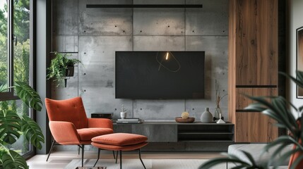 Modern Living Room with Concrete Wall and TV