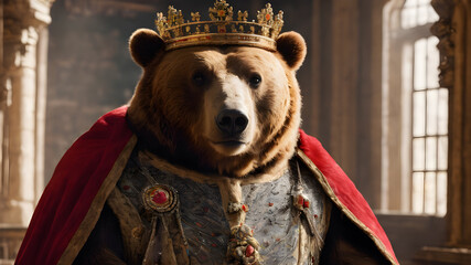 Noble bear wearing a king's outfit and a crown. Generative AI