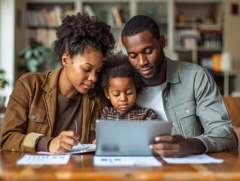 Planning the Future: Family discussing savings with financial consultant at home